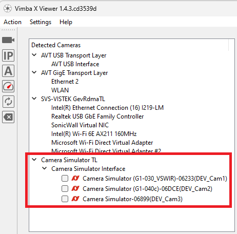 Simulated cameras in Vimba X Viewer
